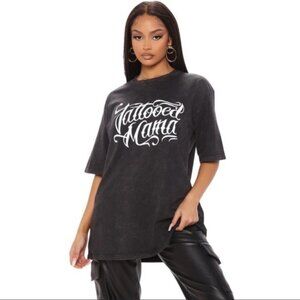 Fashion Nova ✦ Tattooed Mama Oversized Tee ✦ Black Wash White Script Graphic